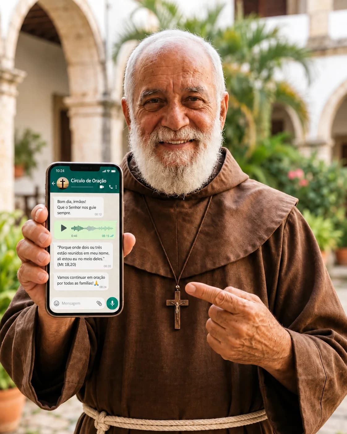 Imagem ilustrativa de Frei Eniel segurando um celular com a conversa do grupo de oração aberta
